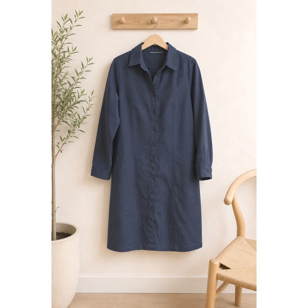 Navy Linen Shirt Dress Collared Button Front Coastal Grandmother Midi Dress Sz M